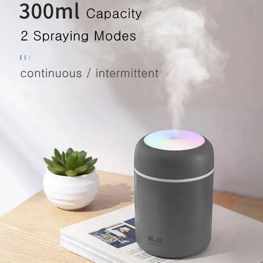 Humidificador de aire de 300mL con luz nocturna colorida, Mini pulverizador de niebla H2O portátil, Humificador de niebla fría eléctrico Usb para el hogar y el coche