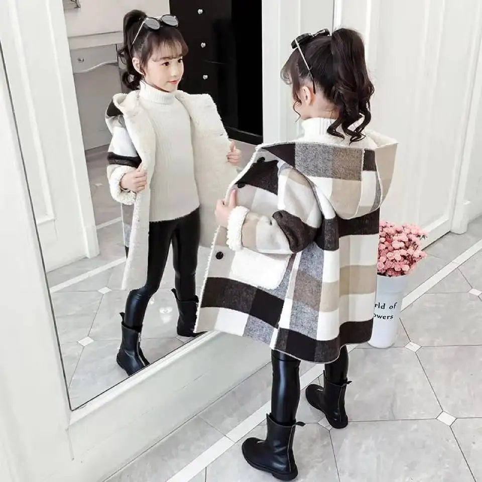 Otoño Invierno 2023, chaquetas informales para niñas, prendas de vestir exteriores con capucha, abrigo largo de lana a la moda, ropa para niños, prendas de vestir exteriores bonitas para niñas