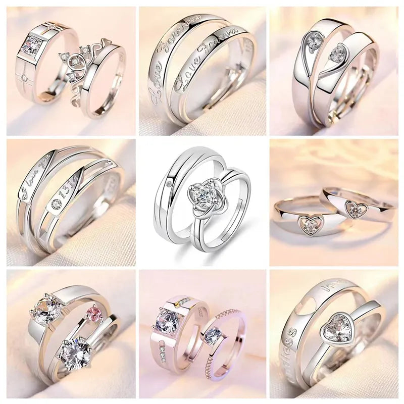 2 uds. Anillos emparejados de circón de lujo ligeros simples para mujeres y hombres anillos ajustables con apertura regalo de joyería de aniversario de boda