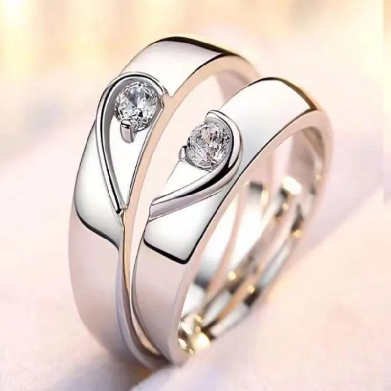 2 uds. Anillos emparejados de circón de lujo ligeros simples para mujeres y hombres anillos ajustables con apertura regalo de joyería de aniversario de boda