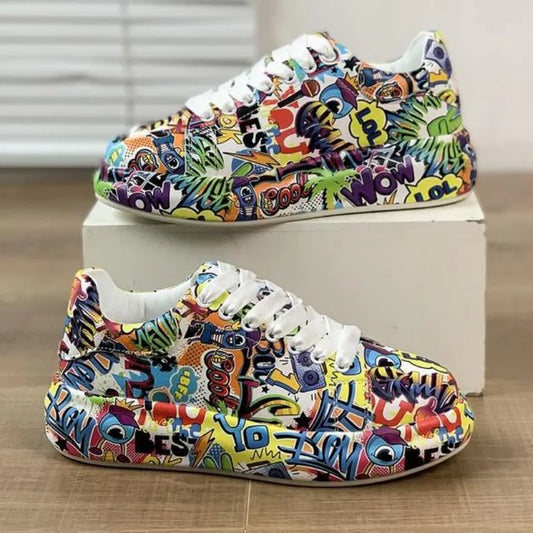 Zapatos deportivos de suela gruesa para mujer, zapatillas blancas con grafiti pintadas a mano, informales para exteriores