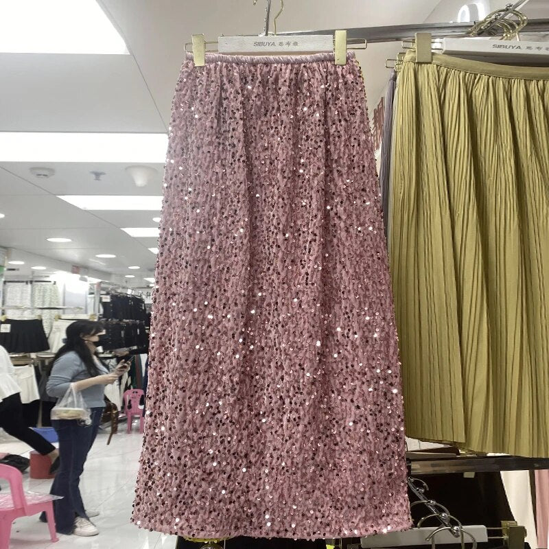 Falda Midi coreana para mujer, faldas de tubo de cintura alta con abertura lateral y lentejuelas para fiesta, falda informal de longitud media para actuación en club nocturno