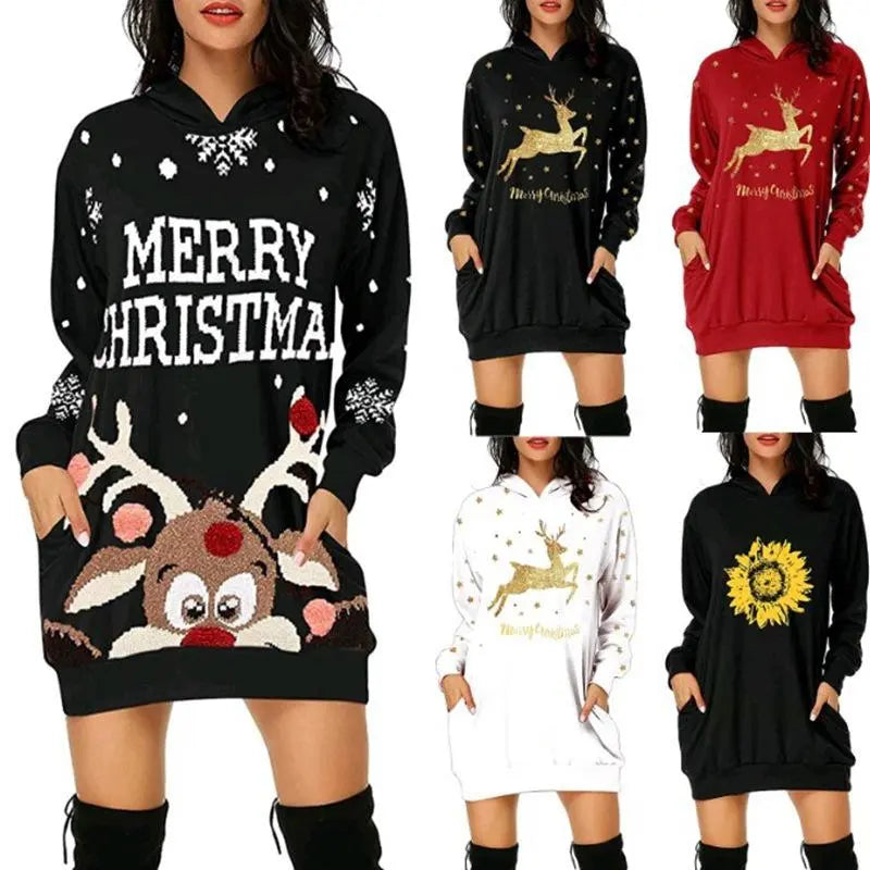 2023 nuevos vestidos mujeres Casual elegante Navidad alces impresos de manga larga con bolsillo vestido con capucha suelta moda Jersey vestido sudadera hasta 3XL varios colores