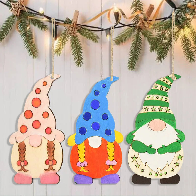 10 Uds. Adornos de Gnomo de Navidad de Año Nuevo decoración colgante de árbol de Navidad colgante de madera para Navidad hogar manualidad para regalo DIY Chip de madera