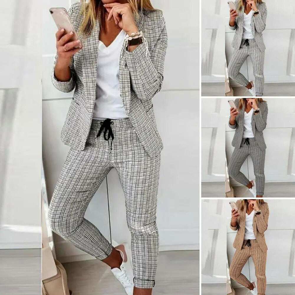 Conjunto de traje de señora ajustado de dos piezas de punto abierto conjunto de pantalones de chaqueta de mujer estilo OL conjunto de pantalones de chaqueta de mujer para viaje de negocios