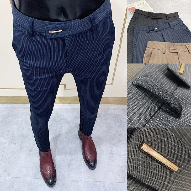 Nuevos pantalones de traje a rayas 2023, pantalones elegantes de corte ceñido para oficina para hombre, pantalones para hombre, pantalones de negocios ajustados, pantalones tobilleros