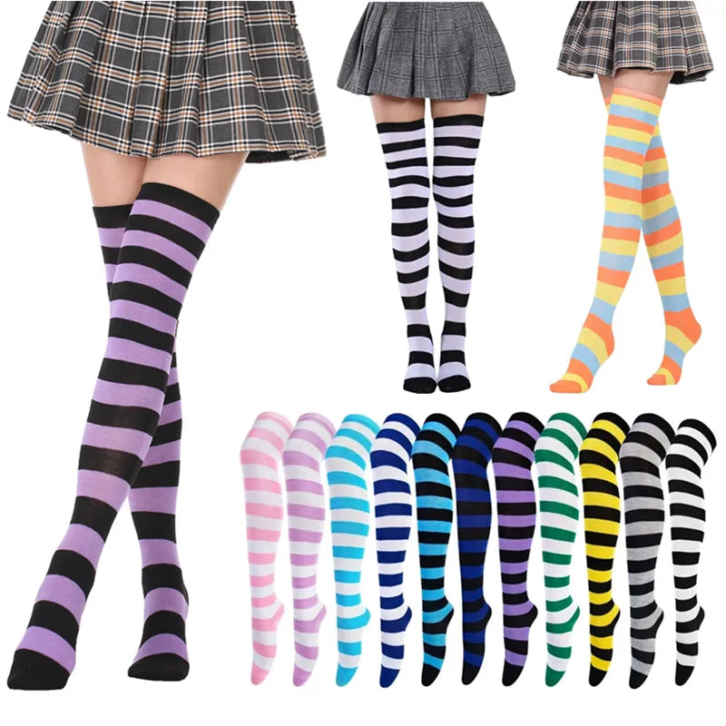 Calcetines largos a rayas a la moda para mujer, medias sexis por encima de la rodilla hasta el muslo, calentadores de piernas altos de punto de algodón Kawaii, regalos de calcetines