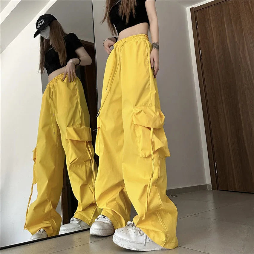 Y2K-pantalones Cargo para mujer, pantalones de pierna ancha con cordón y bolsillos lisos Harajuku, ropa de calle, pantalones de chándal holgados de tecnología Hip Hop