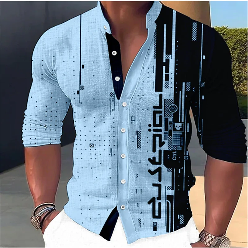 Camisa con estampado geométrico para hombre, cuello levantado, ropa de manga larga para exteriores, ropa de calle de moda de 2023,varios colores