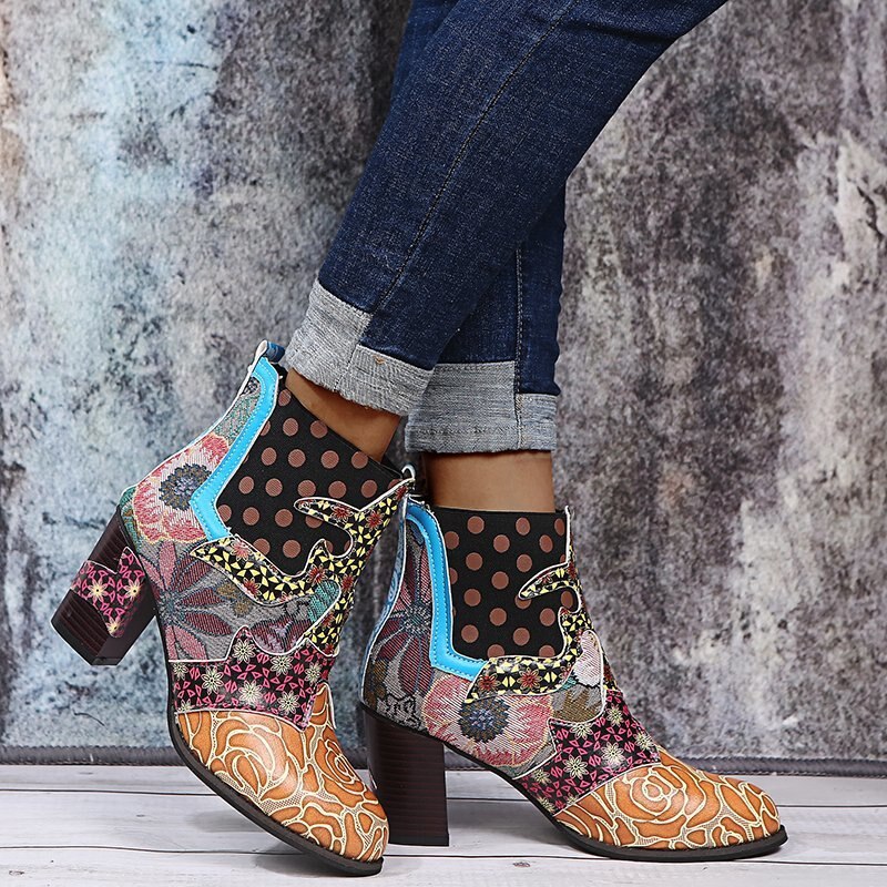 Botines de Mujer de otoño PU, zapatos étnicos impermeables informales Vintage, Botas cortas de tacón alto con cremallera, Botas para Mujer