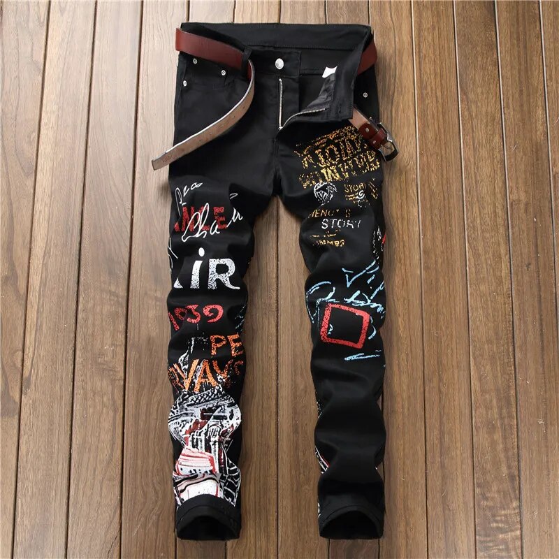 High Street Fashion Jeans para hombre Night Club Color blanco negro Diseñador personal Jeans impresos Hombres Pantalones punk Skinny Hip Hop Jeans