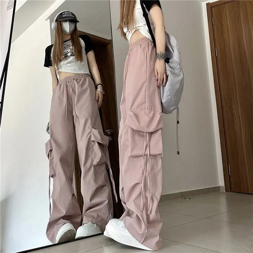 Y2K-pantalones Cargo para mujer, pantalones de pierna ancha con cordón y bolsillos lisos Harajuku, ropa de calle, pantalones de chándal holgados de tecnología Hip Hop