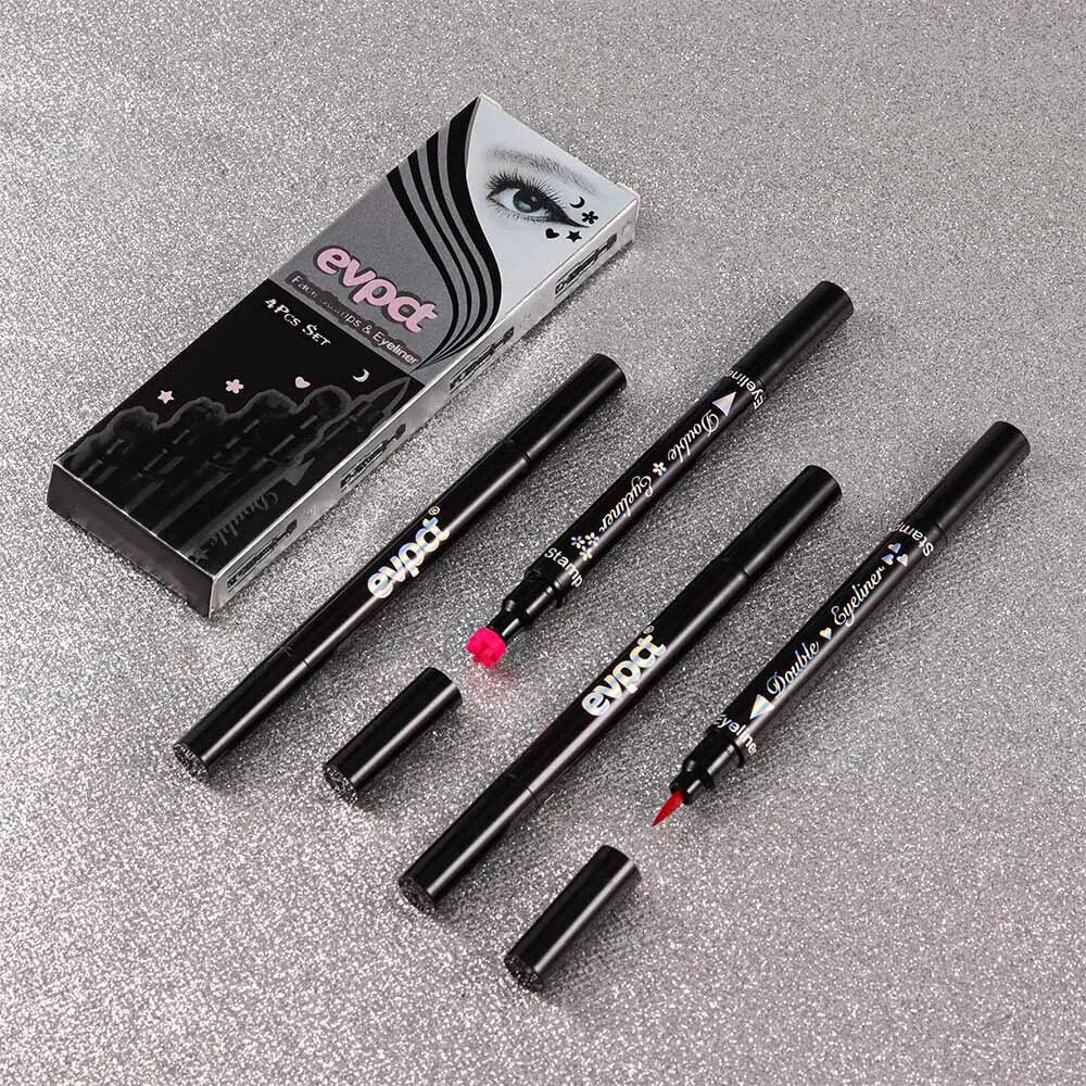 4 unids/caja lápiz delineador de ojos de doble y sello dibujo negro,, azul lápiz de ojos Luna ,corazón, estrella delineador de ojos líquido maquillaje cosmético impermeable