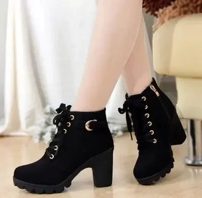 Botas de invierno de tacón alto para mujer, Botas cortas con correas cruzadas, cómodas Botas impermeables, cálidas , Botas femeninas