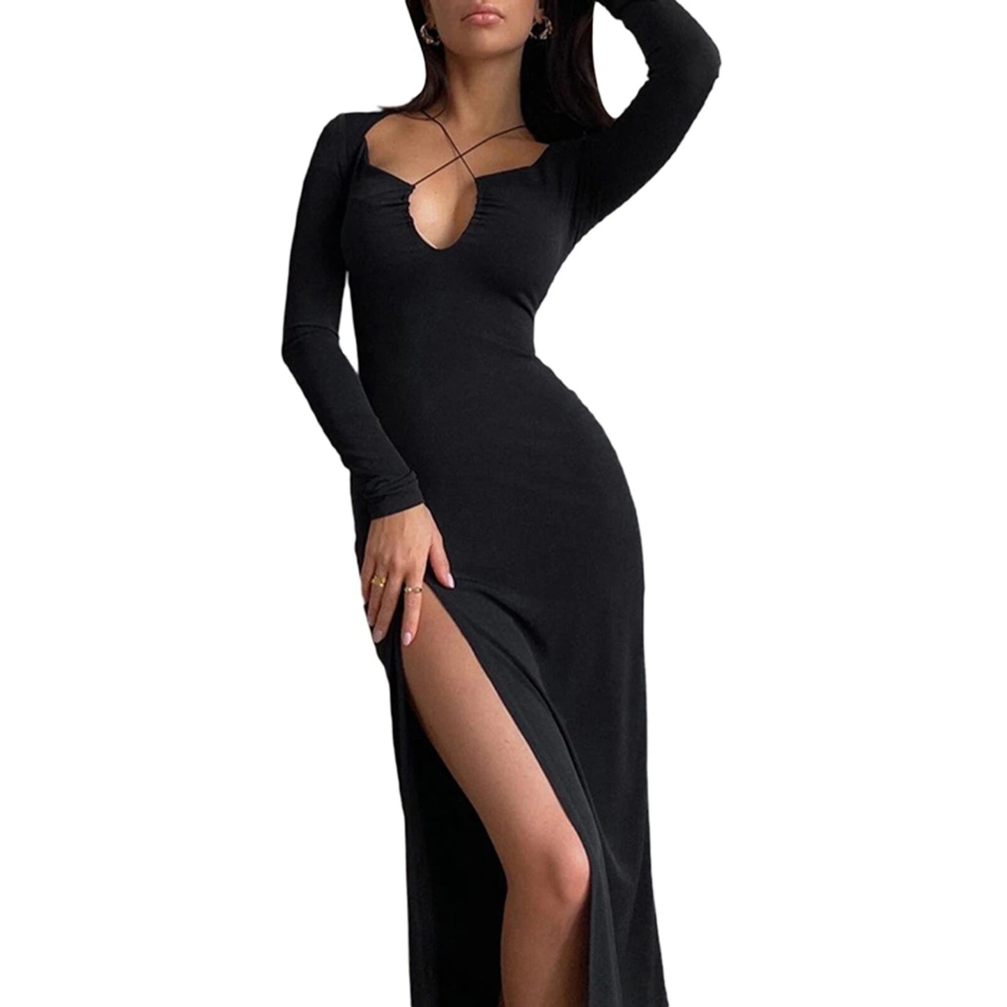 Vestido ajustado sexi de otoño para mujer, vestido negro de manga larga con abertura en el pecho y lado alto, vestido largo con abertura, Vestidos elegantes para fiesta y discoteca