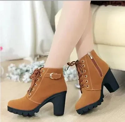 Botas de invierno de tacón alto para mujer, Botas cortas con correas cruzadas, cómodas Botas impermeables, cálidas , Botas femeninas