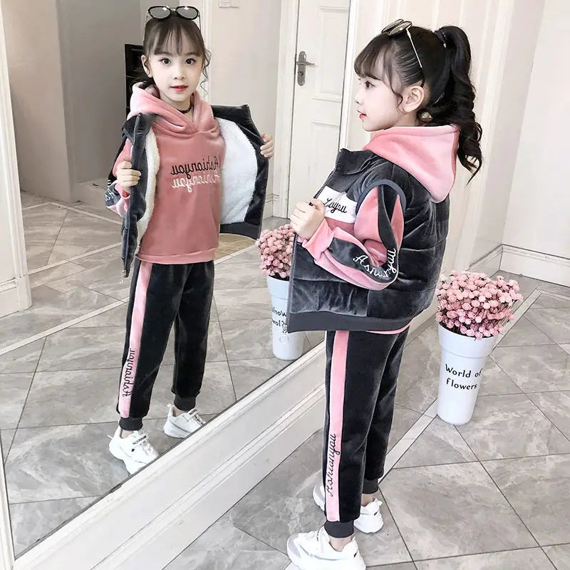 3 uds nueva ropa para niñas traje ropa de invierno para niñas moda Casual chaqueta con letras grandes para niños + Leggings conjunto de tres piezas 2-13 años