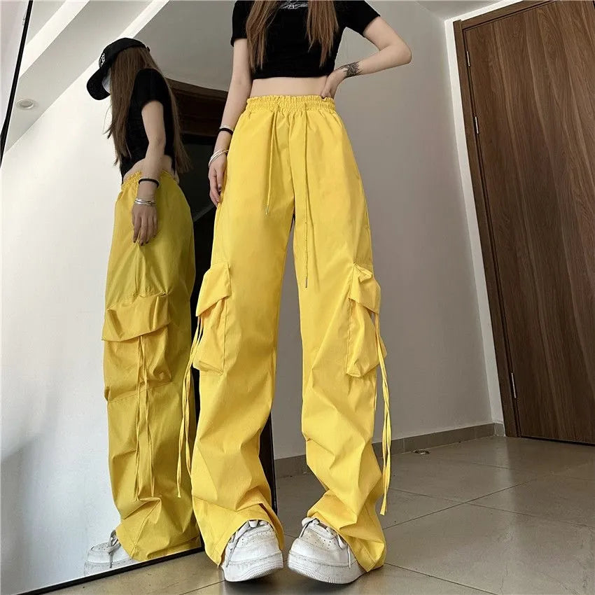 Y2K-pantalones Cargo para mujer, pantalones de pierna ancha con cordón y bolsillos lisos Harajuku, ropa de calle, pantalones de chándal holgados de tecnología Hip Hop