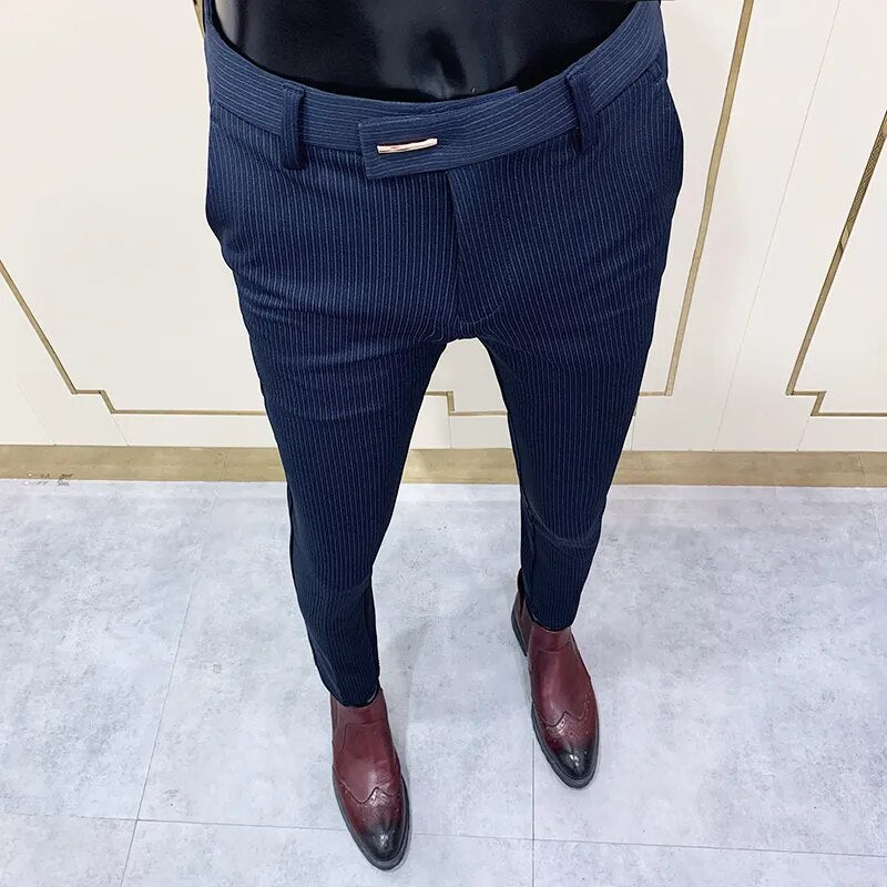 Nuevos pantalones de traje a rayas 2023, pantalones elegantes de corte ceñido para oficina para hombre, pantalones para hombre, pantalones de negocios ajustados, pantalones tobilleros