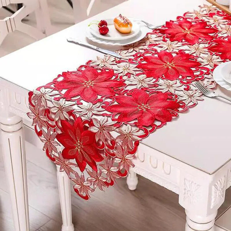 Popular satén bordado Navidad Poinsettia flor cama camino de mesa bandera cubierta mantel de café fiesta Año nuevo decoración del hogar