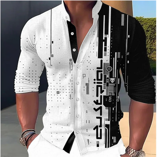 Camisa con estampado geométrico para hombre, cuello levantado, ropa de manga larga para exteriores, ropa de calle de moda de 2023,varios colores