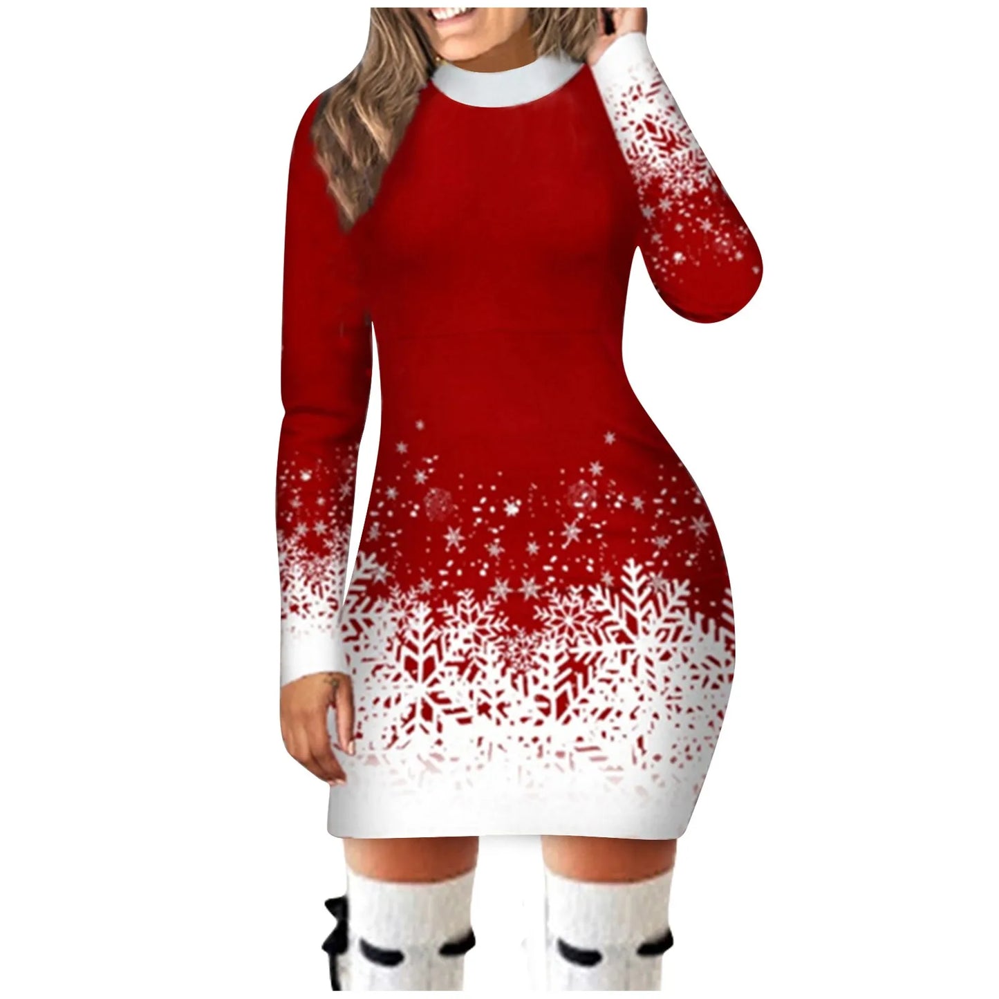 Vestido De Manga Larga Formal Redondo Copo De Nieve Cuello Impreso Navidad Manga Larga Fiesta Mujer Vestido Túnica De Manga Larga