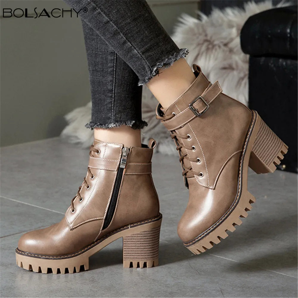 Botas de tacón alto con cordones talla pequeña para Mujer, botines con hebilla y plataforma de cuero Artificial, novedad de invierno de 2023