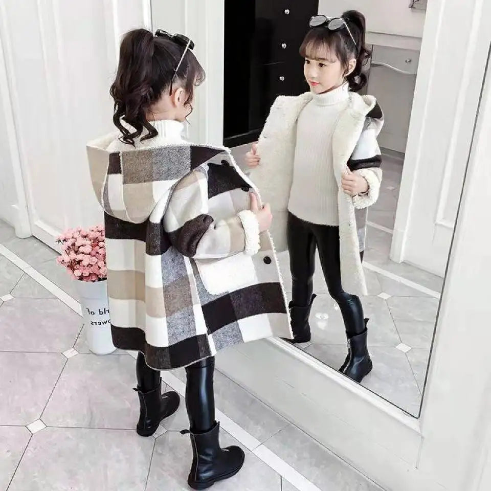 Otoño Invierno 2023, chaquetas informales para niñas, prendas de vestir exteriores con capucha, abrigo largo de lana a la moda, ropa para niños, prendas de vestir exteriores bonitas para niñas