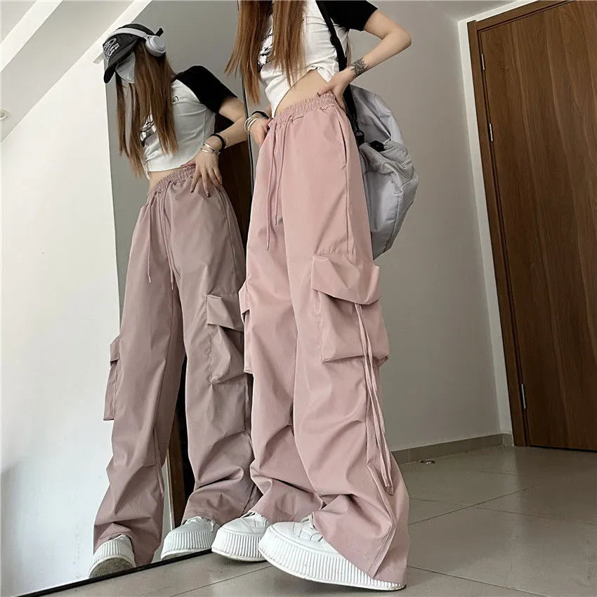 Y2K-pantalones Cargo para mujer, pantalones de pierna ancha con cordón y bolsillos lisos Harajuku, ropa de calle, pantalones de chándal holgados de tecnología Hip Hop