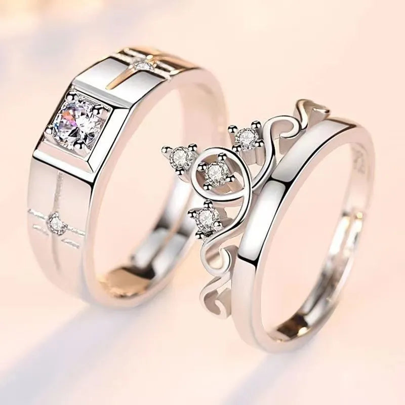 2 uds. Anillos emparejados de circón de lujo ligeros simples para mujeres y hombres anillos ajustables con apertura regalo de joyería de aniversario de boda