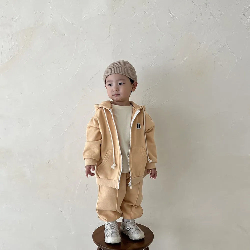 Conjunto de bebé coreano para niños, chaqueta de entrenamiento para bebés, Sudadera con capucha y pantalón de chándal elástico, chándal con capucha y cremallera completa para niños de 06 meses a 4 años