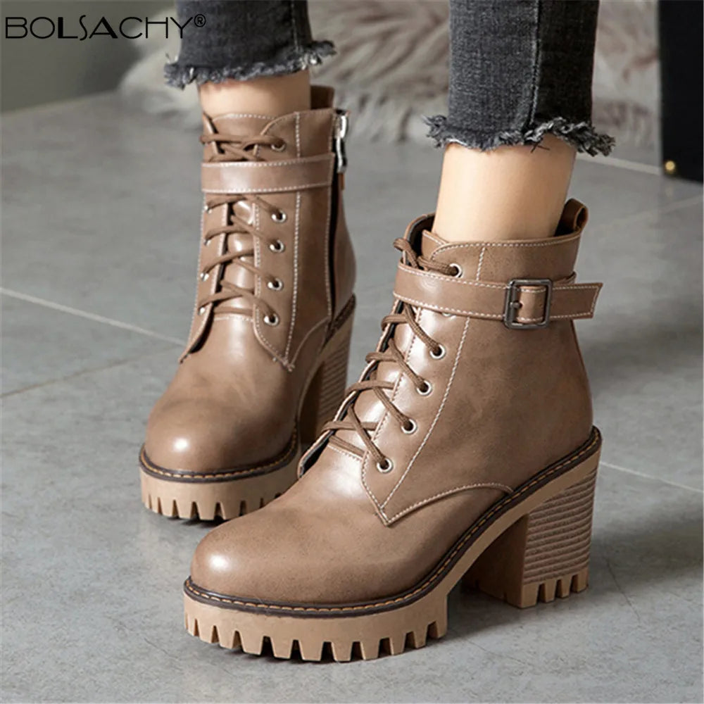 Botas de tacón alto con cordones talla pequeña para Mujer, botines con hebilla y plataforma de cuero Artificial, novedad de invierno de 2023