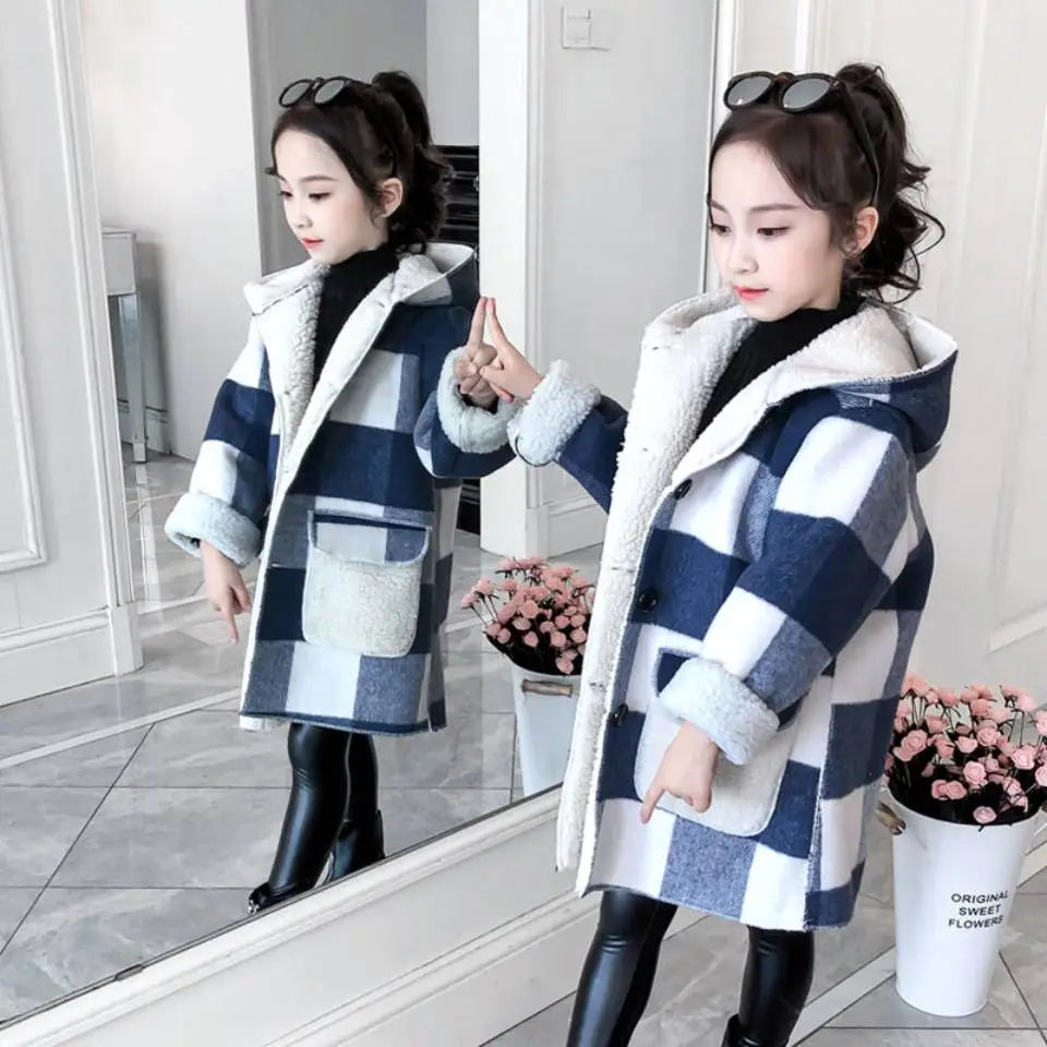 Otoño Invierno 2023, chaquetas informales para niñas, prendas de vestir exteriores con capucha, abrigo largo de lana a la moda, ropa para niños, prendas de vestir exteriores bonitas para niñas